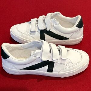 Rachel Zoe Ladies Leather White and Black Velcro Sneakers